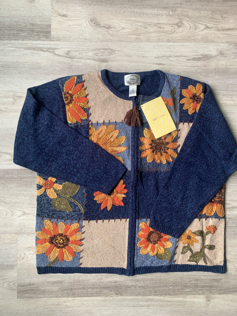 NWT Stitches in Time Sunflower Patchwork full Zip Sweater Cardigan Plus Size 2X